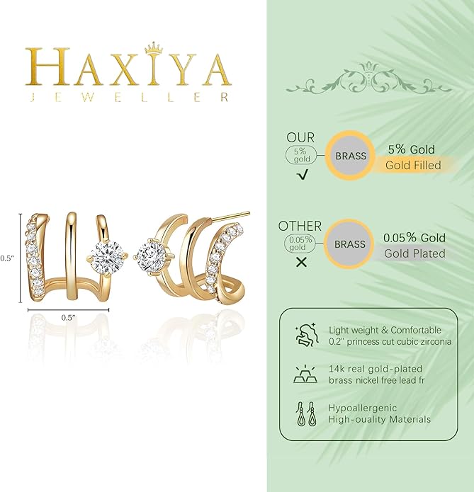 14K Gold Plated Hoop Earrings for Women Triple Huggie Illusion Stud Earring | Double Huggie Hoop Earrings for One Hole | Claw Ear Cuff Earring Jewelry Gift for Women