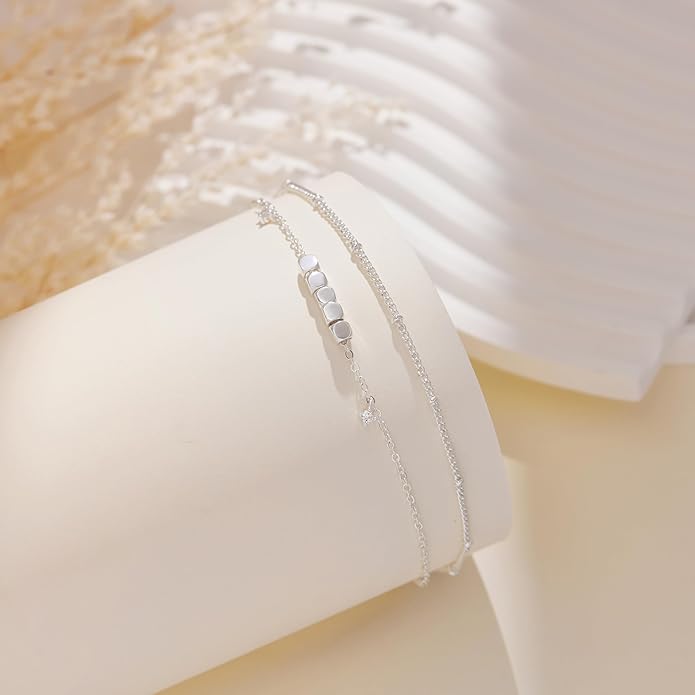 Sterling Silver Anklet Bracelets for Women Waterproof, 925 Sliver Plated CZ & Heart Charm Dainty Layer Anklets for Women Trendy, Simple Chain Anklets Set Gifts for Women, Jewelry Gifts for Her Women Mom Wife Girlfriend