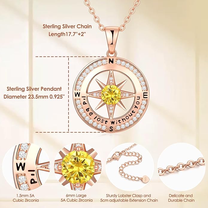 Zifeel Compass Necklace Gifts for Women wife - S925 Sterling Silver Birthstone Necklaces for Women - Anniversary Birthday Gifts for Her Wife Girlfriend - Valentines Mom Mothers Day Christmas Gifts Jewelry for Women