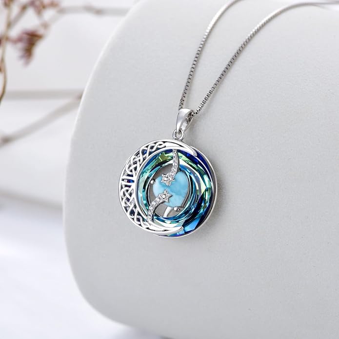 TOUPOP Christmas Gifts Birthstone Necklace 925 Sterling Silver Moon and Star Pendant with Blue Crystal Celtic Moon Jewelry Birthday Gifts for Women Mom Wife Her Daughter