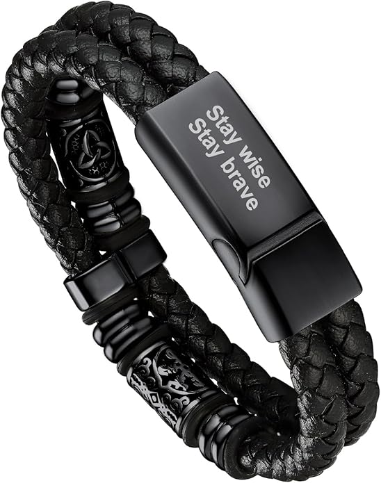Bandmax Mens Black Double Wax Rope Cuff Bracelets Waterproof Stainless Steel Norse Style Celtic Knot Beads Bracelet Wristband Gift for Men