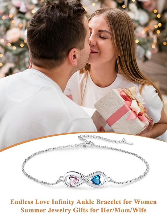 Custom4U Personalized Infinity Ankle Bracelets for Women 925 Sterling Silver Anklet Bracelet Endless Love Symbol Birthstone Charm Adjustable Foot Chain Jewelry Mothers Day Gifts for Mom Wife Women Her