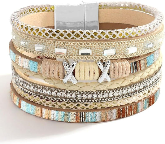 Fesciory Leopard Bracelet for Women, Boho Leather Wrap Multi-Layer Pearl Crystal Bracelet Bangle Jewelry