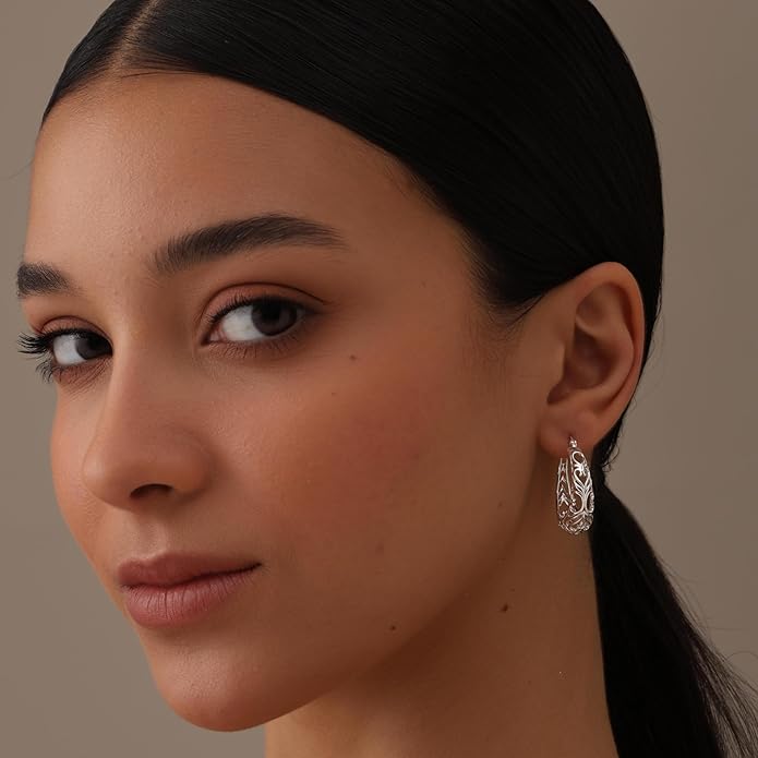 LeCalla 925 Sterling Silver Hoop Earrings | Women's Filigree Hoop Earrings | Openwork Mesh Filigree Cut Earring | Lightweight & Hypoallergenic Vintage Hoop Earrings for Women