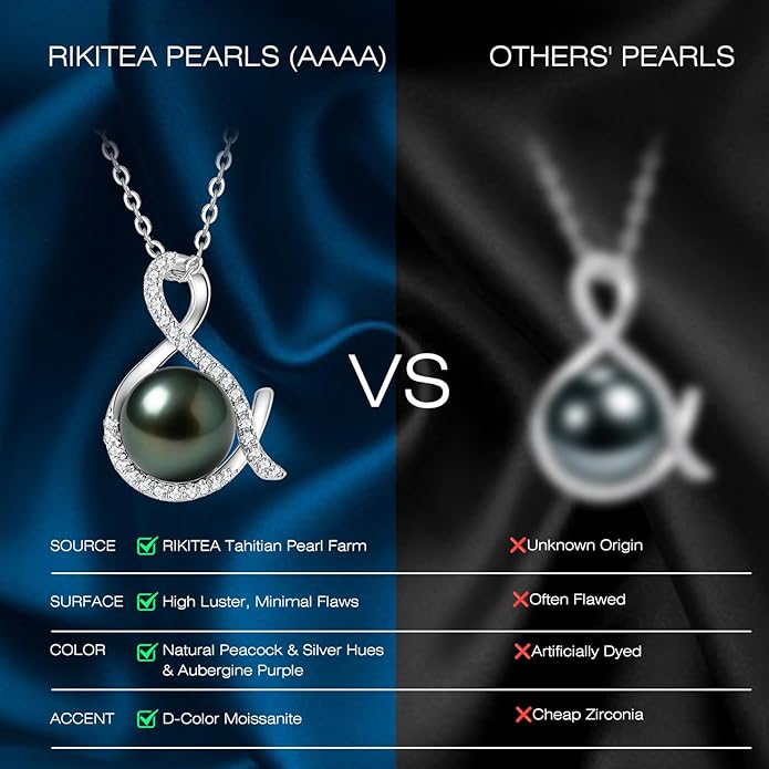 Genuine Tahitian Black Pearl Necklace for Women, 9-13mm AAAA Seawater Pearl - Sterling Silver Moissanite Pendant, Wedding Anniversary, Birthday, Christmas Gift for Wife, Mom, Girlfriend, Fine Jewelry