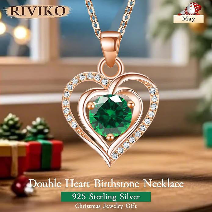 RIVIKO Heart Birthstone Pendant Necklace for Women 925 Sterling Silver Zirconia Necklaces Wedding Anniversary Birthday Mothers Day Jewelry Gifts For Her Mother Wife
