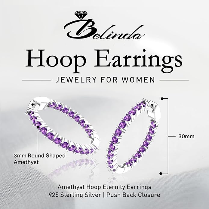 Hoop Earrings with 40 Colored Gemstones, Birthstone Earrings, 925 Sterling Silver Rhodium Plated, Push Back Closure, 1.18'