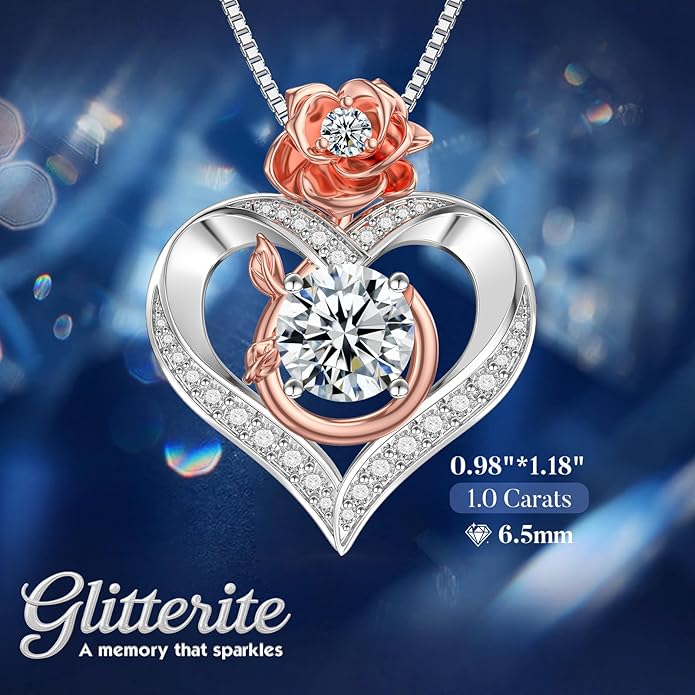 1 Carat Moissanite Necklace for Women, 925 Sterling Silver Rose Heart Pendant Necklace Moissanite Diamond Necklace, Birthday Gift Anniversary Present for Wife, Girlfriend, Daughter, Mom