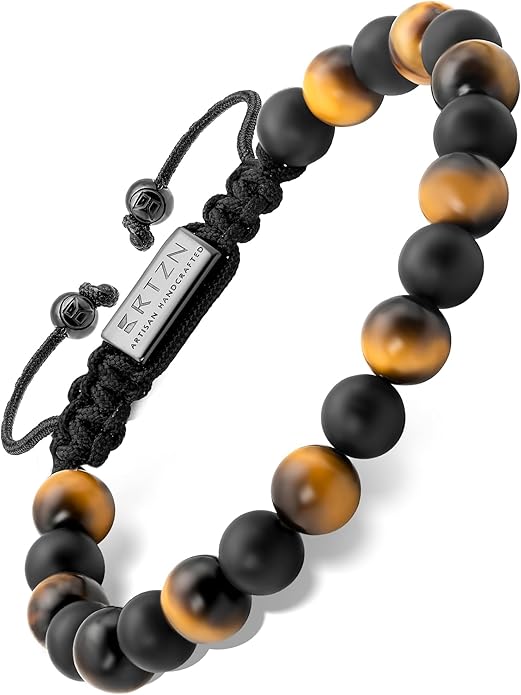 RTZN® Tigers Eye Bracelet for Men – Premium Artisan Handcrafted Golden Brown Tiger Eye Bead Bracelets – Natural Stone Tiger Eye Bracelet Men – Beaded Bracelets for Men