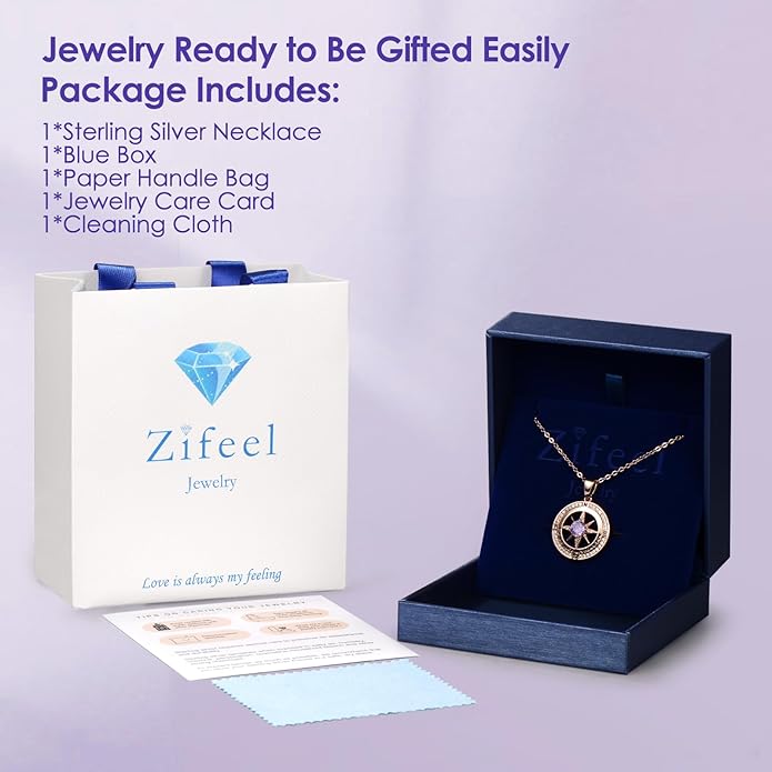 Zifeel Compass Necklace Gifts for Women wife - S925 Sterling Silver Birthstone Necklaces for Women - Anniversary Birthday Gifts for Her Wife Girlfriend - Valentines Mom Mothers Day Christmas Gifts Jewelry for Women