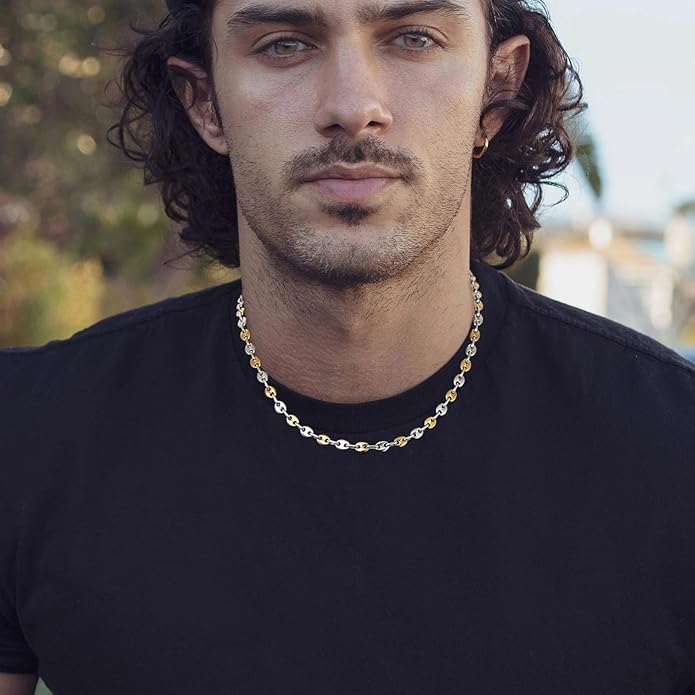 HZMAN Stainless Steel Necklace for Men Hip Hop Polished Coffee Bean Silver Men's Chain Necklace Jewelry Gift