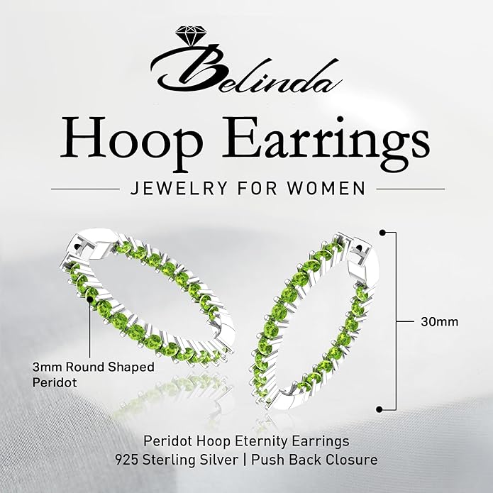 Hoop Earrings with 40 Colored Gemstones, Birthstone Earrings, 925 Sterling Silver Rhodium Plated, Push Back Closure, 1.18'