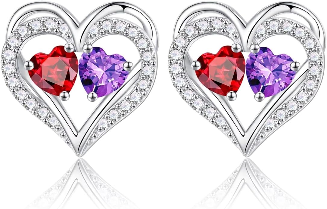Iefil Birthstone Earrings for Women - 925 Sterling Silver Heart Earrings Anniversary Birthday Gifts for Women Wife Girlfriend Mom