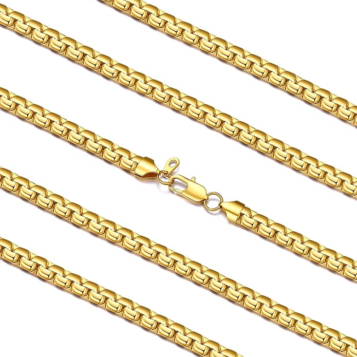 FaithHeart Mens Black/Silver/Gold Stainless Steel Flat Box Link Chain Necklace, Stylish 2/4/6/8mm Width Box Chains Necklaces for Men Non Tarnish Hip Hop Chain Jewelry Gifts,14"-30" Length
