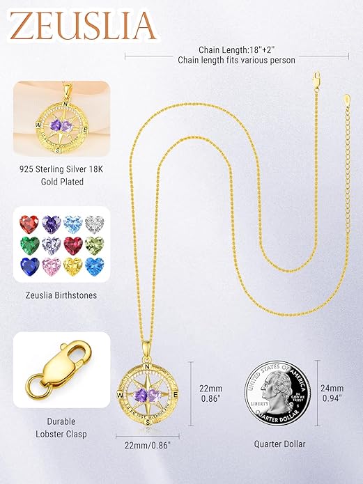 Zeuslia Double Birthstone Necklace Gifts for Wife - 925 Sterling Silver Sunflower/Rose/Crown Cross/Compass/Heart Pendant I Love You Necklace, Anniversary Birthday Gifts for Wife Girlfriend Mom Her