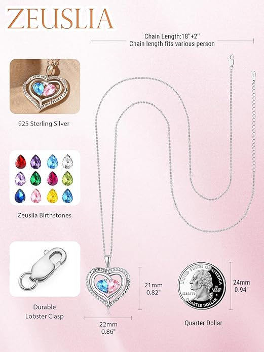 Zeuslia Double Birthstone Necklace Gifts for Wife - 925 Sterling Silver Sunflower/Rose/Crown Cross/Compass/Heart Pendant I Love You Necklace, Anniversary Birthday Gifts for Wife Girlfriend Mom Her