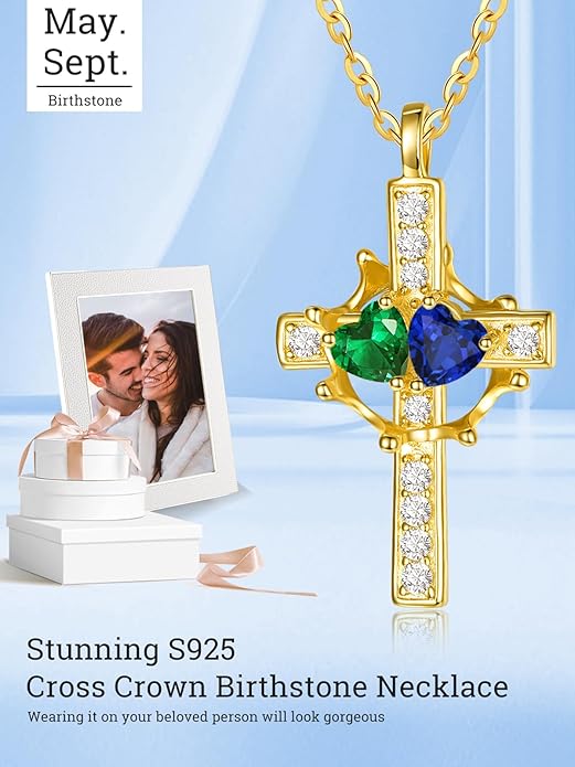 Zeuslia Double Birthstone Necklace Gifts for Wife - 925 Sterling Silver Sunflower/Rose/Crown Cross/Compass/Heart Pendant I Love You Necklace, Anniversary Birthday Gifts for Wife Girlfriend Mom Her
