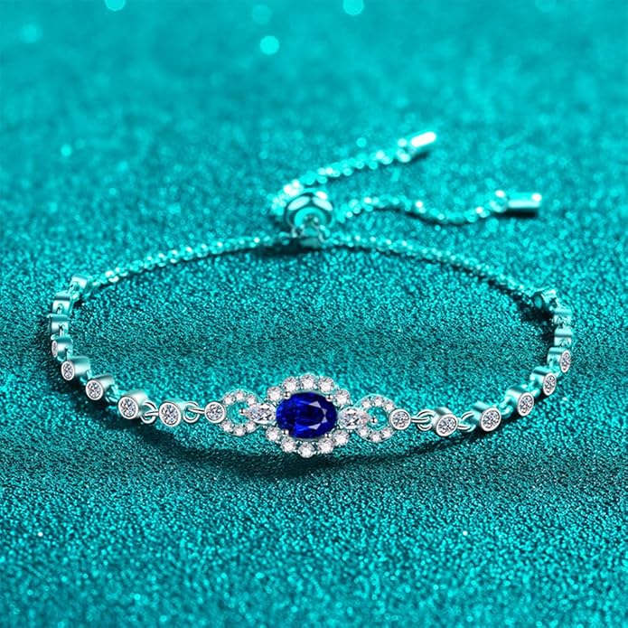 14K White Gold Over S925 Sterling Silver Oval Cut 0.5ct Sapphire Bracelet Adjustable with Sparkling D-color Diamond, Ideal Gift for Her at Special Occasion