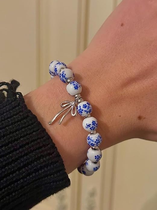 Beads Bow Charm Bracelet for Women Flower Vintage Bracelet Handmade Stretch Beaded Dainty Romantic Jewelry Gifts