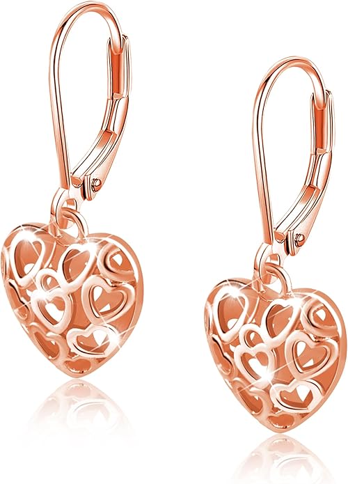 925 Sterling Silver 14K Gold French Style Leverback Earrings, Heart Dangle Drop Earrings for Women Hypoallergenic Jewelry