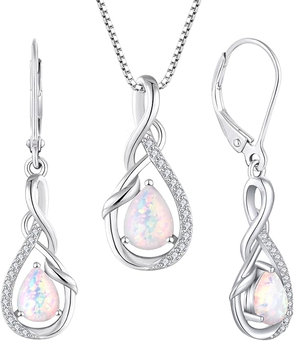 STARCHENIE 925 Sterling Silver Necklace Dangle Earrings for Women Infinity Twisted Teardrop Pendant Created Opal Jewelry Set
