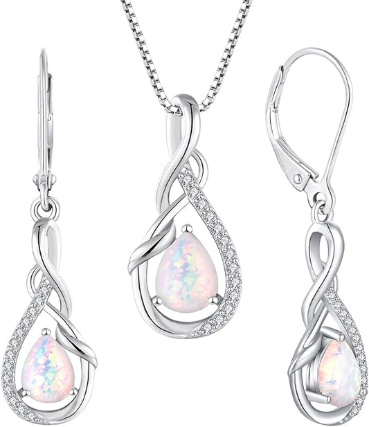 STARCHENIE 925 Sterling Silver Necklace Dangle Earrings for Women Infinity Twisted Teardrop Pendant Created Opal Jewelry Set