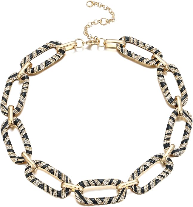 Chunky Chain Necklace Geometric Links Collar Necklace, Animal Prints Black and White Enamelled with Rhinestone Embellished Details Women Gifts