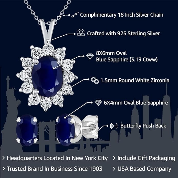 Gem Stone King 8X6MM and 6X4MM Oval Gemstone Birthstone Pendant and Earrings Jewelry Set For Women | 925 Sterling Silver | Fine Jewelry Gifts for Her Mom Women Wife | With 18 Inch Chain