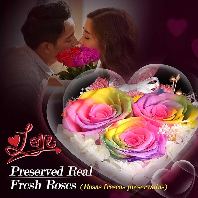 ADDWel Rose Gifts for Women - Preserved Real Roses Forever Rainbow Flowers with I Love You in 100 Languages Necklace and Cute Moss Bear for Girlfriend Wife Mom Grandma on Birthdays, Anniversaries