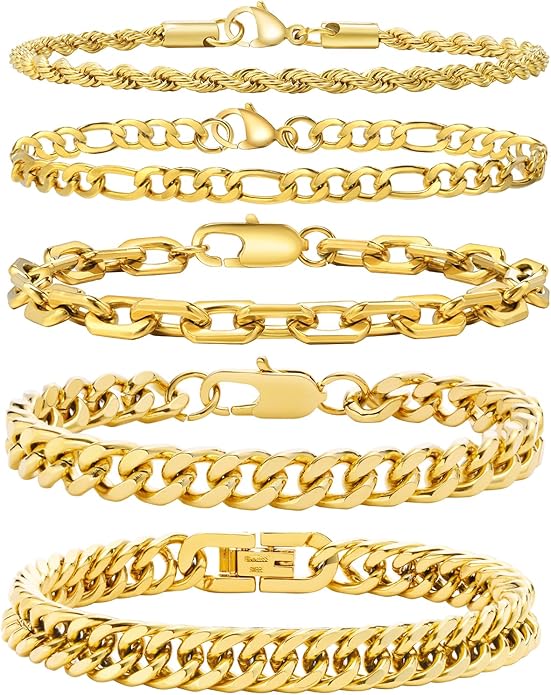 VNOX 5/7 Pcs Chain Bracelet for Men Women - Sturdy Stainless Steel Curb Width Cuban Link Chain Bracelet Set for Men Women,6.5/7/7.4/8.2/9 Inches