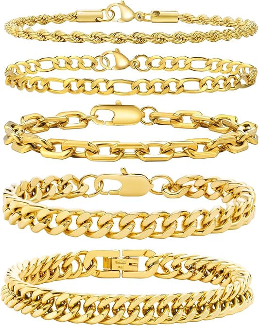 VNOX 5/7 Pcs Chain Bracelet for Men Women - Sturdy Stainless Steel Curb Width Cuban Link Chain Bracelet Set for Men Women,6.5/7/7.4/8.2/9 Inches