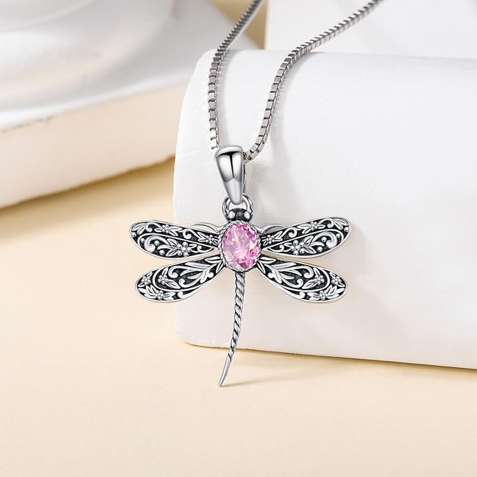 Vintage Dragonfly Necklace for Women 925 Sterling Silver, Oval Birthstone Dragonfly Pendant Boho Jewelry Birthday Gift for Her, Mom, Grandma