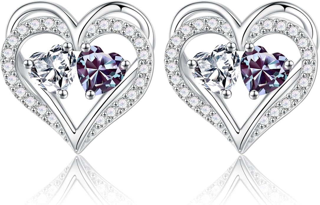 Iefil Birthstone Earrings for Women - 925 Sterling Silver Heart Earrings Anniversary Birthday Gifts for Women Wife Girlfriend Mom