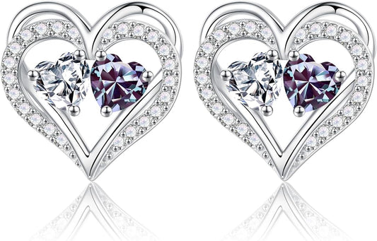 Iefil Birthstone Earrings for Women - 925 Sterling Silver Heart Earrings Anniversary Birthday Gifts for Women Wife Girlfriend Mom