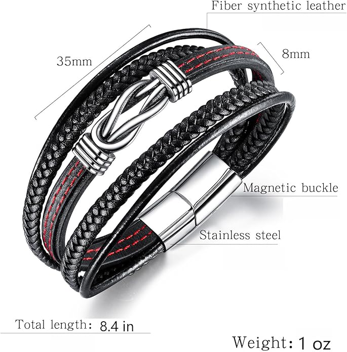 Italian Handmade Genuine Leather Bracelets for Men Stainless Steel Clip, Men's Casual Genuine Multi-layer Cuff Bracelet, Bracelet Gift for Real Men