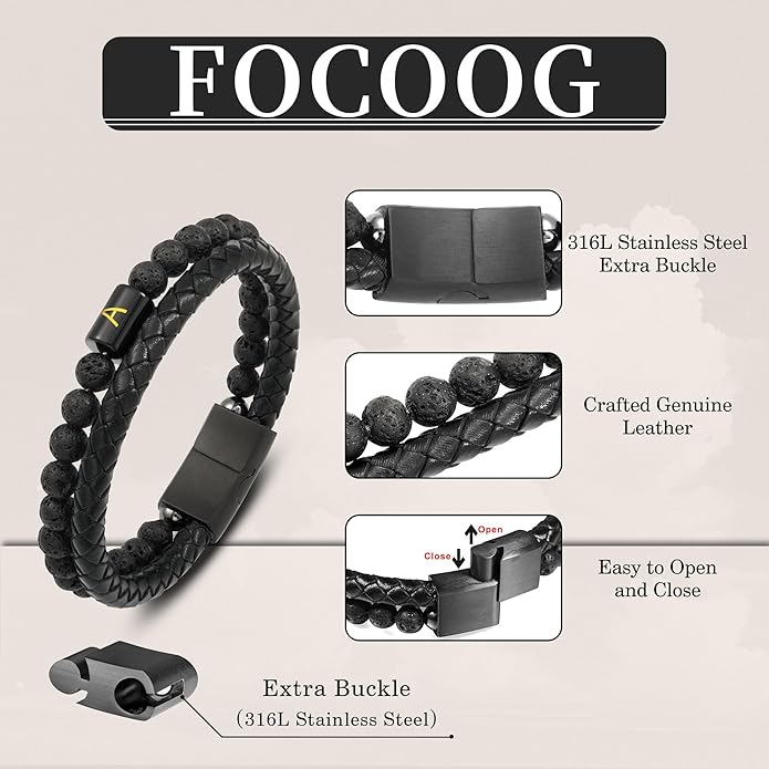 FOCOOG Leather Bracelets for Mens Gifts - Premium Genuine Leather Natural Lava Rock Matte Agate Adjustable Stainless Steel Magnetic Clasp Initial Bracelet, Unique Gifts for Men Husband Dad Son