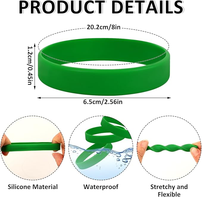 JUNEBRUSHS 24 Pcs Rubber Bracelets Assorted Green Silicone Wristbands for Women Men Teens Teacher Home Office Game Party Favor Gifts Supplies