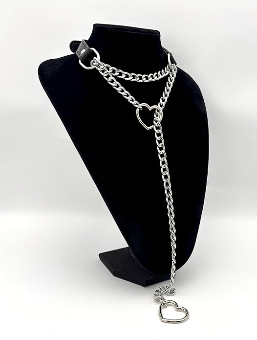 Black Leather Choker Collar For Women, Handmade Heart Slip Chain Choker Long Necklace with Adjustable Buckle
