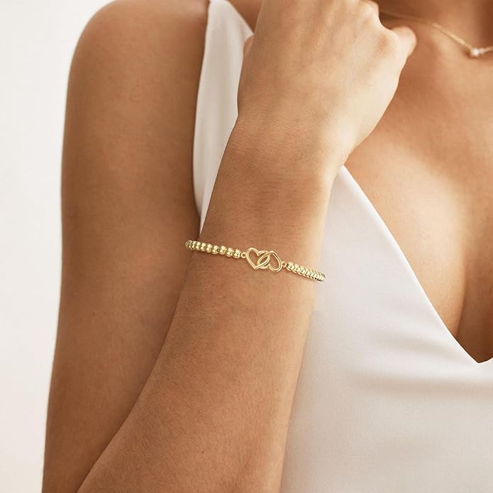 Beaded Bracelet for Women Trendy Stretch Handmade Ball Charm Bracelet Dainty Cross Heart Bow Wave CZ Stackable Jewelry Charm Gifts for Her