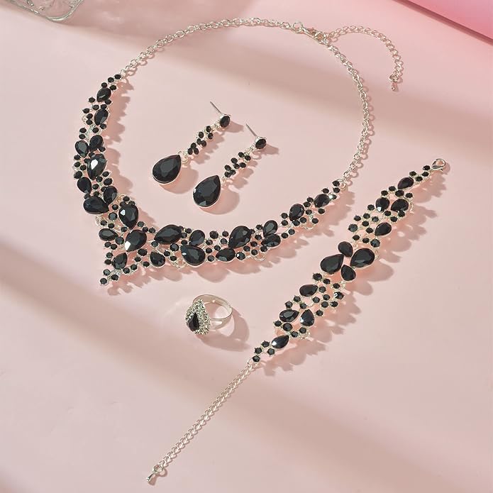 Paxuan Crystal Bridal Wedding Jewelry Sets for Women Rhinestone Teardrop Crystal Statement Choker Necklace Drop Earrings Link Bracelets Rings Teardrop Jewelry Set for Brides Bridesmaids