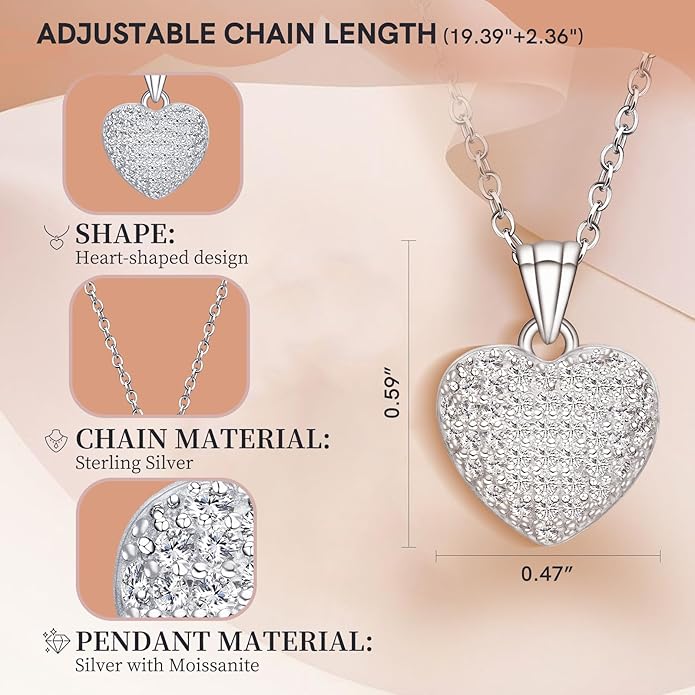 Pendant Necklaces for Women 925 Sterling Silver with Moissanite & Genuine Jewelry, Lucky Clover, Butterfly, Pink Crystal Heart Design, 14K White Gold Plated Nacklace, Mom Wife Women's Birthday Gifts
