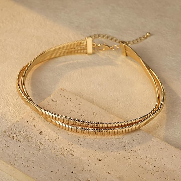 Chunky Stainless Steel Choker Necklace For Women, Gold Striped Flat Snake African Collar Exaggerated Necklace with Adjustable Chain Choker Jewelry for Women