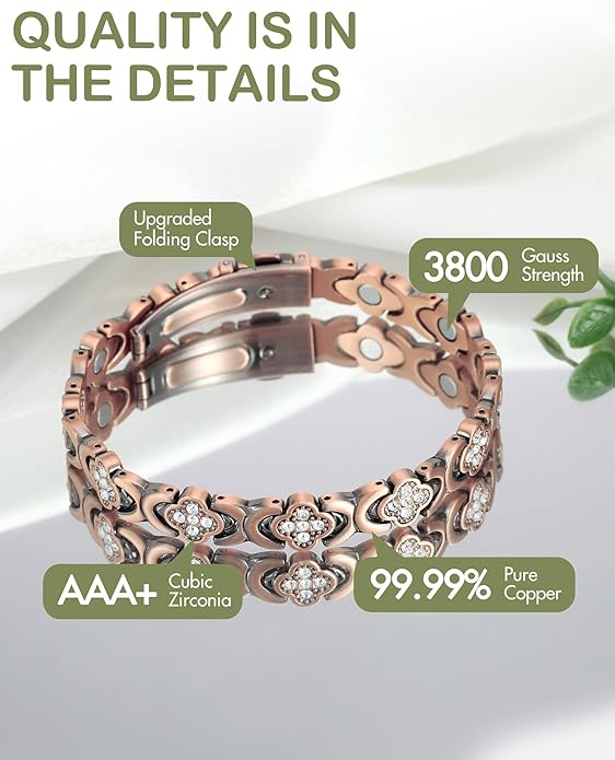 Feraco Pure Copper Bracelets for Women, Ultra Strength Magnetic Therapy Bracelet for Pain Relief with Neodymium Magnets & Sparkling Cubic Zirconia, Adjustable, Infinite Clover Jewelry