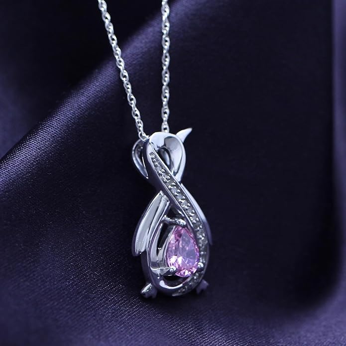 Infinity Penguin Pendant Necklace for Women, 14K Gold Over Sterling Silver with Pear & Round Cut Simulated Birthstone & White Diamond Accents, Dainty Animal Jewelry Gift with 18" Chain