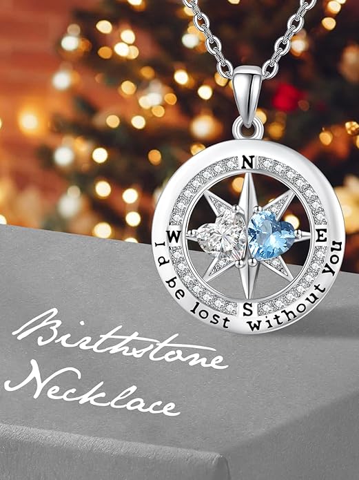 Compass Birthstones Necklace for Women, Exquisite Anniversary Birthday Gifts for Wife Her Double Birthstone Pendant jewelry ‘I'd be Lost Without You’