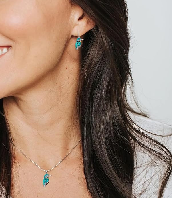 DOLIOX Genuine Bird Turquoise and Amber Stone Jewelry Set for Women, Sterling Silver Native American Necklace Dangle Earrings Western Jewelry