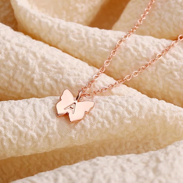Hidepoo Initial Butterfly Necklace for Girls Gifts, 14K Gold/Silver/Rose Gold Filled Dainty Butterfly Pendant Choker Necklace Initial Butterfly Necklace Birthday Gifts for Girls