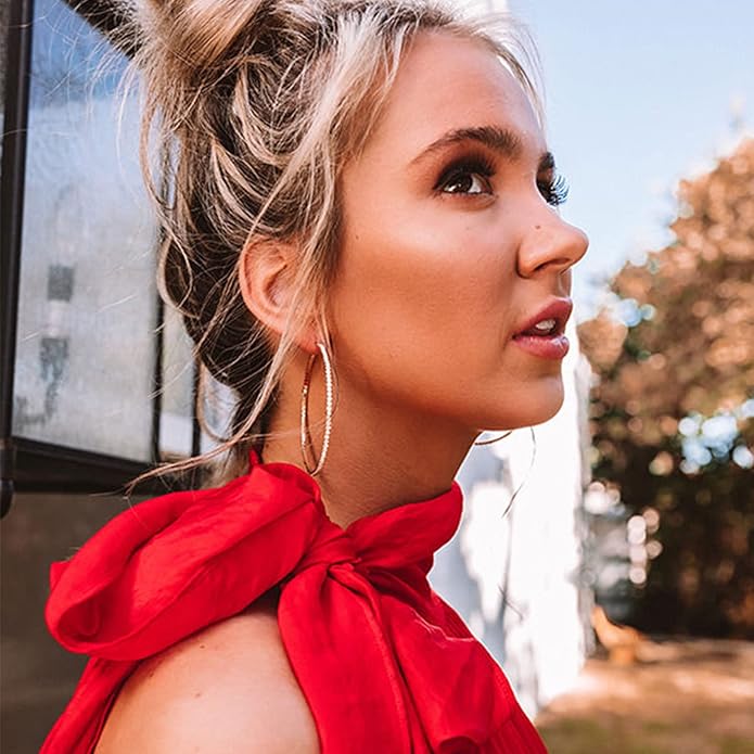 925 Sterling Silver Earrings Large Rhinestone Hoop Earrings Big Cubic Zirconia Hoop Earrings Thin Rhinestones Round Hoop Earrings for Women 20/30/40/50/60/70mm Sparkly Hoops With Crystals for Womens