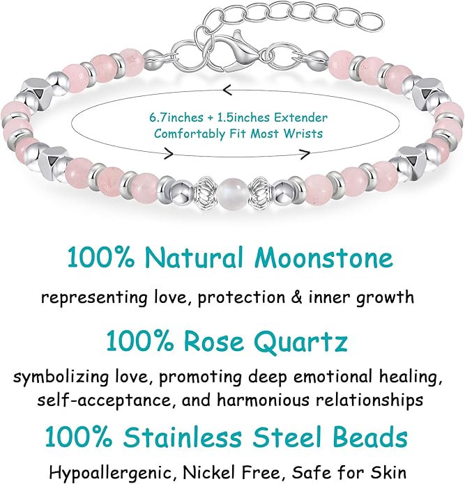 Moonstone Beaded Bracelet for Women - Calming & Empowering Healing Crystal Jewelry, Adjustable Chakra Balancing Gift for Mom, Sister, Daughter - Birthday Christmas