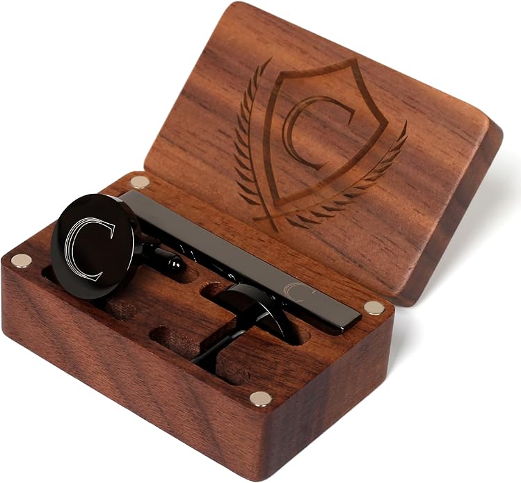 Mens Initial Cufflinks and Tie Clip A-Z Alphabet Letter Black Stainless Cuff Links Tie Bar with Engraved Walnut Wood Box Groom Groomsman Wedding Set